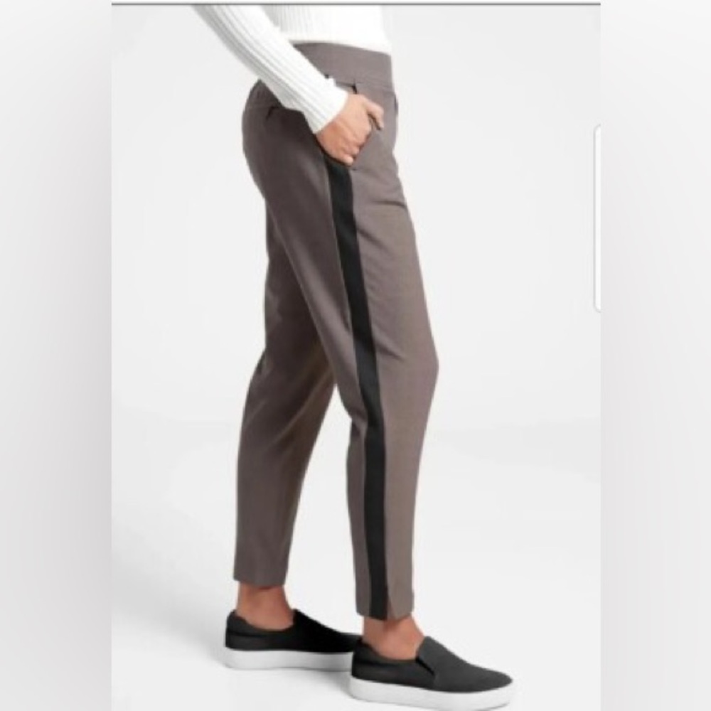 Athleta Brooklyn Ankle Pant in Taupe Plaid with Black Side Stripe - 4